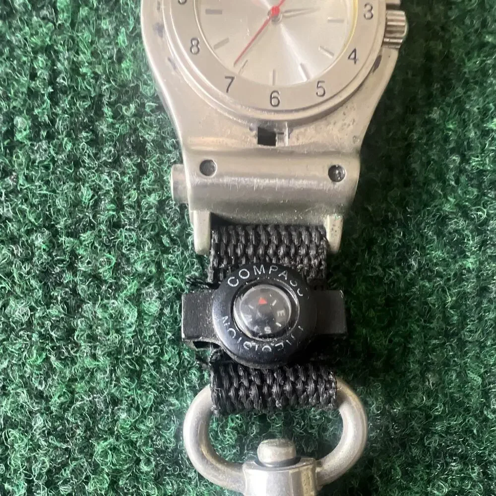 ESP Quartz Analog Wristwatch Compass Silver Dial Steel Case Black Nylon Strap